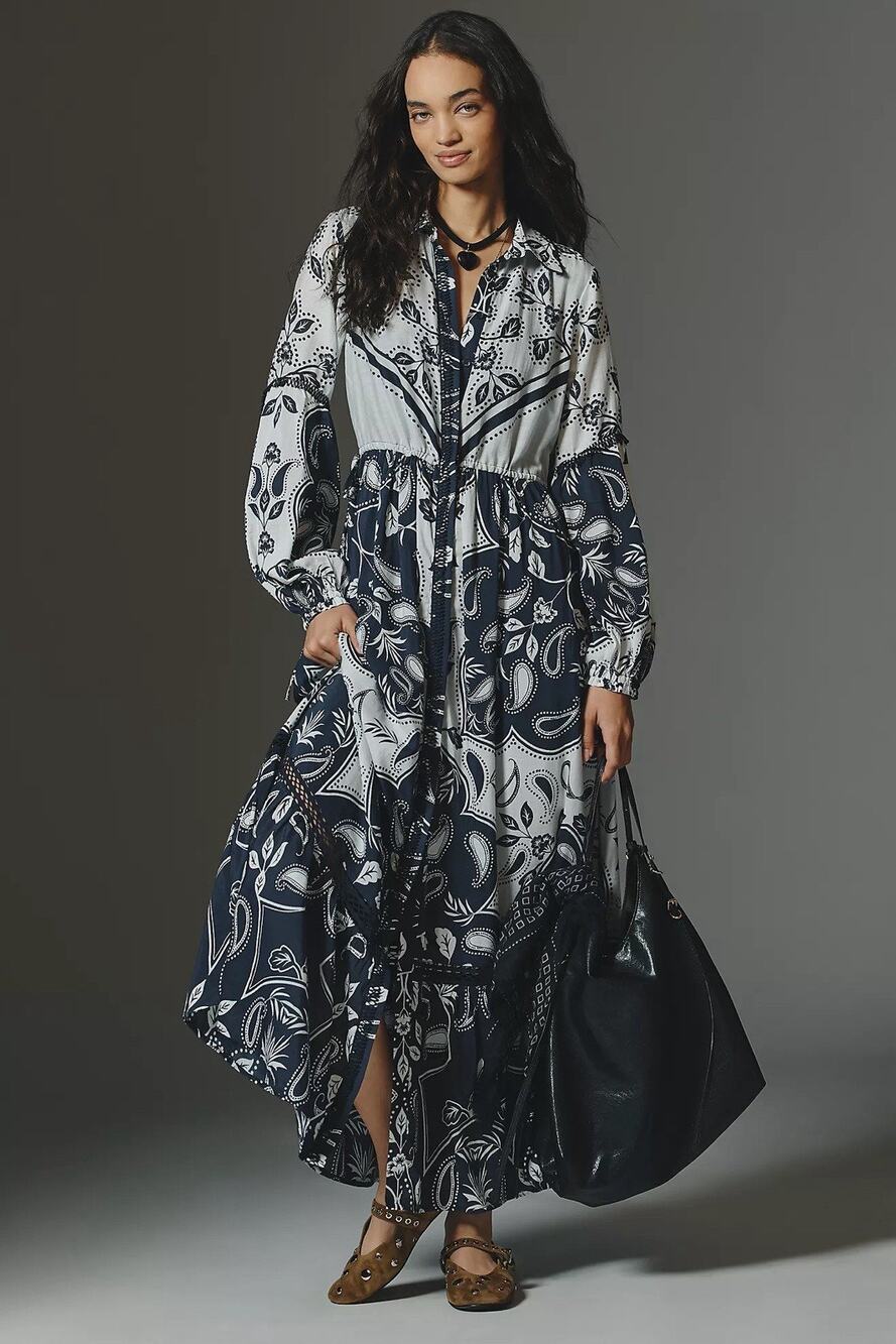 By Anthropologie Eleanora Printed Midi Dress Shirtdress Navy Silk Boho Small SP